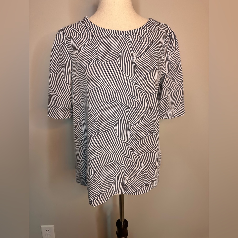 Sz S Ella Moss blue white abstract print boxy high neck blouse top modal blend